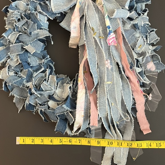 Boho Shabby Rag Wreath Denim Country Cottage Wall Decor Bow Farmhouse - Picture 5 of 12